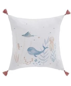 Maisons Du Monde Coussins Enfant Coussin En Coton Bio écru, Corail Et Bleu Imprimé à Pompons 40x40