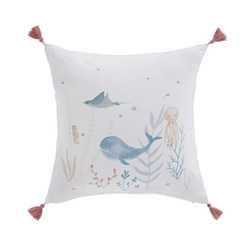 Maisons Du Monde Coussins Enfant Coussin En Coton Bio écru, Corail Et Bleu Imprimé à Pompons 40x40 3 Maisons Du Monde Coussins Enfant Coussin En Coton Bio écru, Corail Et Bleu Imprimé à Pompons 40x40