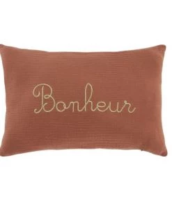 Maisons Du Monde Coussins Enfant Coussin En Gaze De Coton Imprimé "Bonheur" Doré Et Terracotta, 25x40