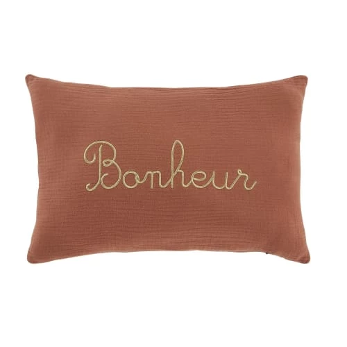 Maisons Du Monde Coussins Enfant Coussin En Gaze De Coton Imprimé "Bonheur" Doré Et Terracotta, 25x40 3 Maisons Du Monde Coussins Enfant Coussin En Gaze De Coton Imprimé "Bonheur" Doré Et Terracotta, 25x40