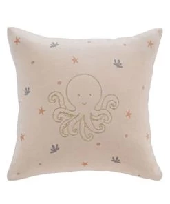 Maisons Du Monde Coussins Enfant Coussin En Velours De Coton Corail Et Bleu Brodé Imprimé Pieuvre 35x35