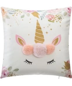 Decoratie Coussins Enfant Coussin Licorne Ă Pompons Polyester Blanc 40x40cm