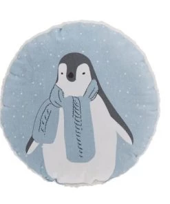 Maisons Du Monde Coussins Enfant Coussin Rond Bleu, Gris Et Blanc Imprimé Pingouin D30